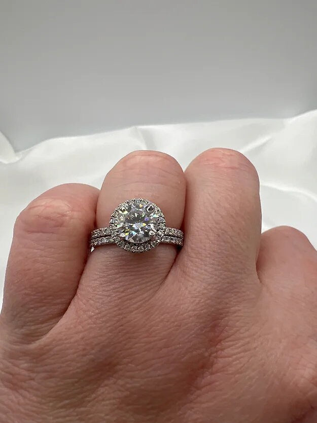 Moissanite Engagement Ring: Round Halo Setting, Sterling Silver Bridal Wedding Set