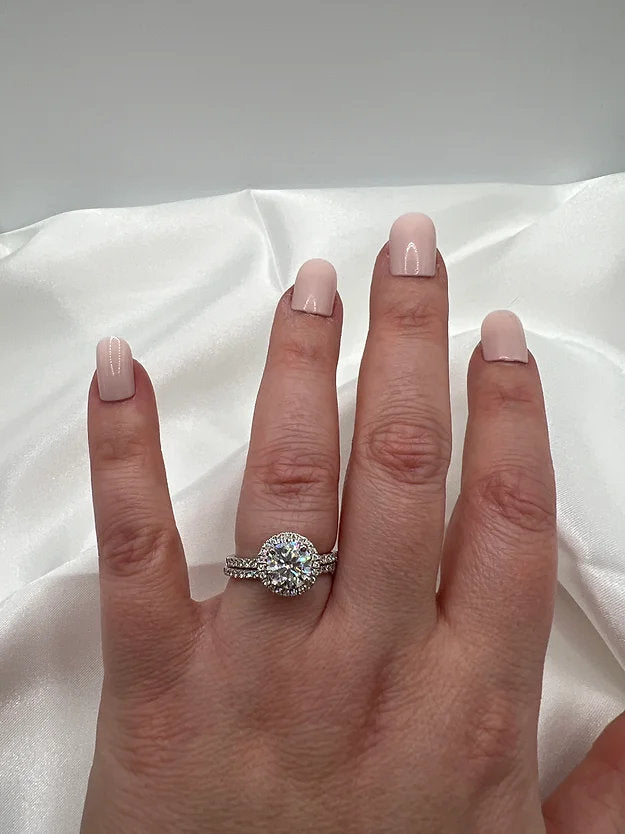 Moissanite Engagement Ring: Round Halo Setting, Sterling Silver Bridal Wedding Set