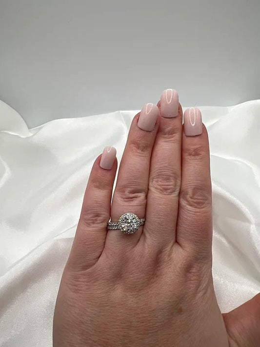 Moissanite Engagement Ring: Round Halo Setting, Sterling Silver Bridal Wedding Set