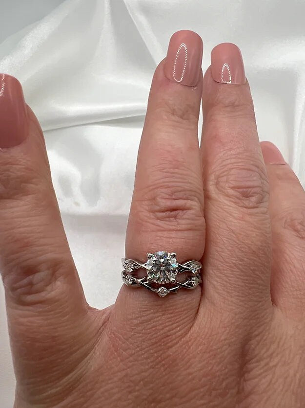 Moissanite Engagement Ring Sterling Silver Bridal Set