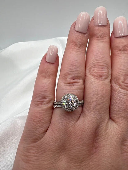 Moissanite Engagement Ring: Round Halo Setting, Sterling Silver Bridal Wedding Set