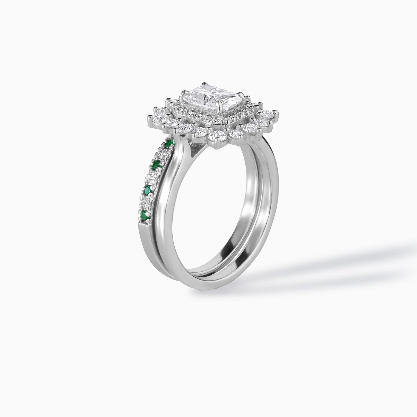 Moissanite Emerald Ring Sterling Silver Halo Design Double Bridal Set Wedding Band Alternative Diamond Engagement Green Stone Rectangular