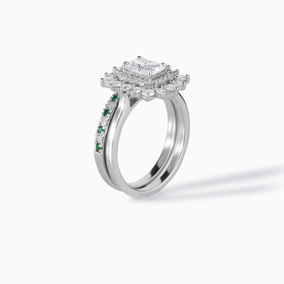 Moissanite Emerald Ring Sterling Silver Halo Design Double Bridal Set Wedding Band Alternative Diamond Engagement Green Stone Rectangular