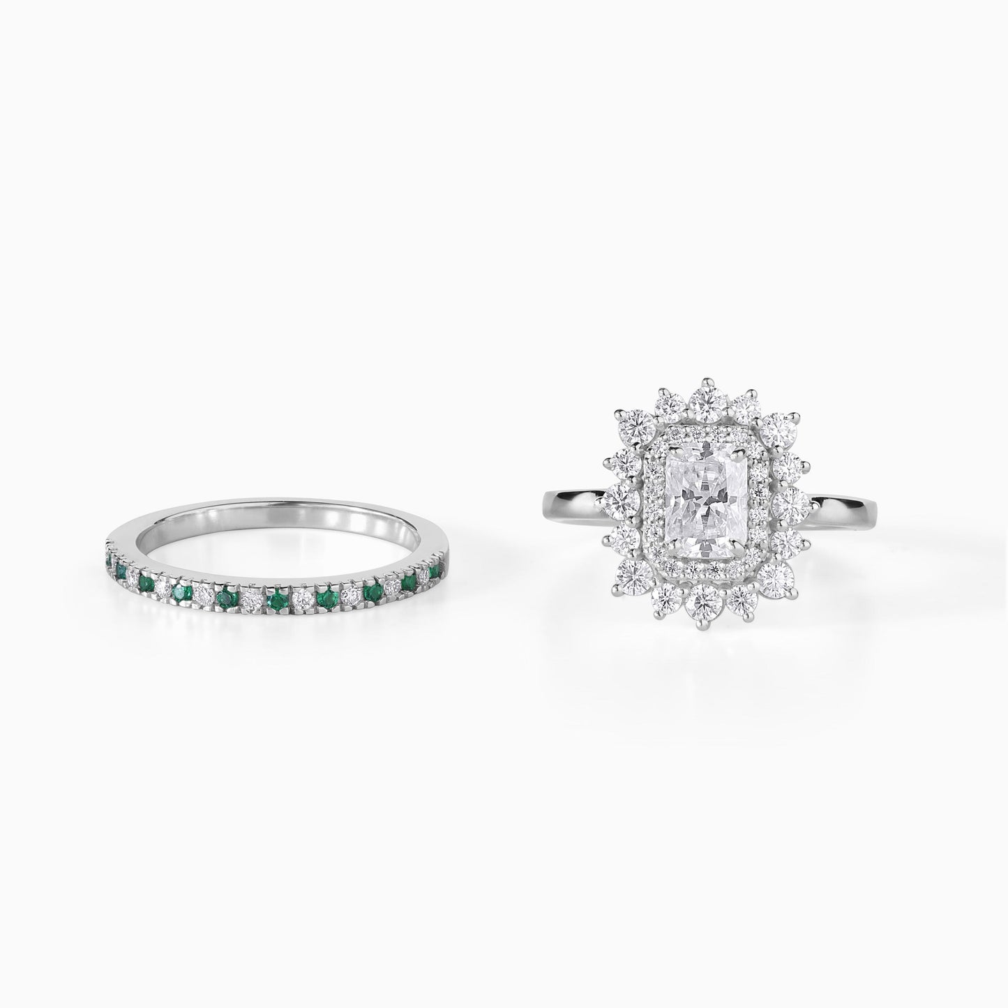 Moissanite Emerald Ring Sterling Silver Halo Design Double Bridal Set Wedding Band Alternative Diamond Engagement Green Stone Rectangular