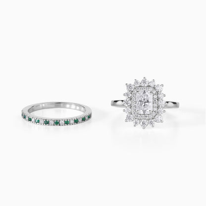 Moissanite Emerald Ring Sterling Silver Halo Design Double Bridal Set Wedding Band Alternative Diamond Engagement Green Stone Rectangular