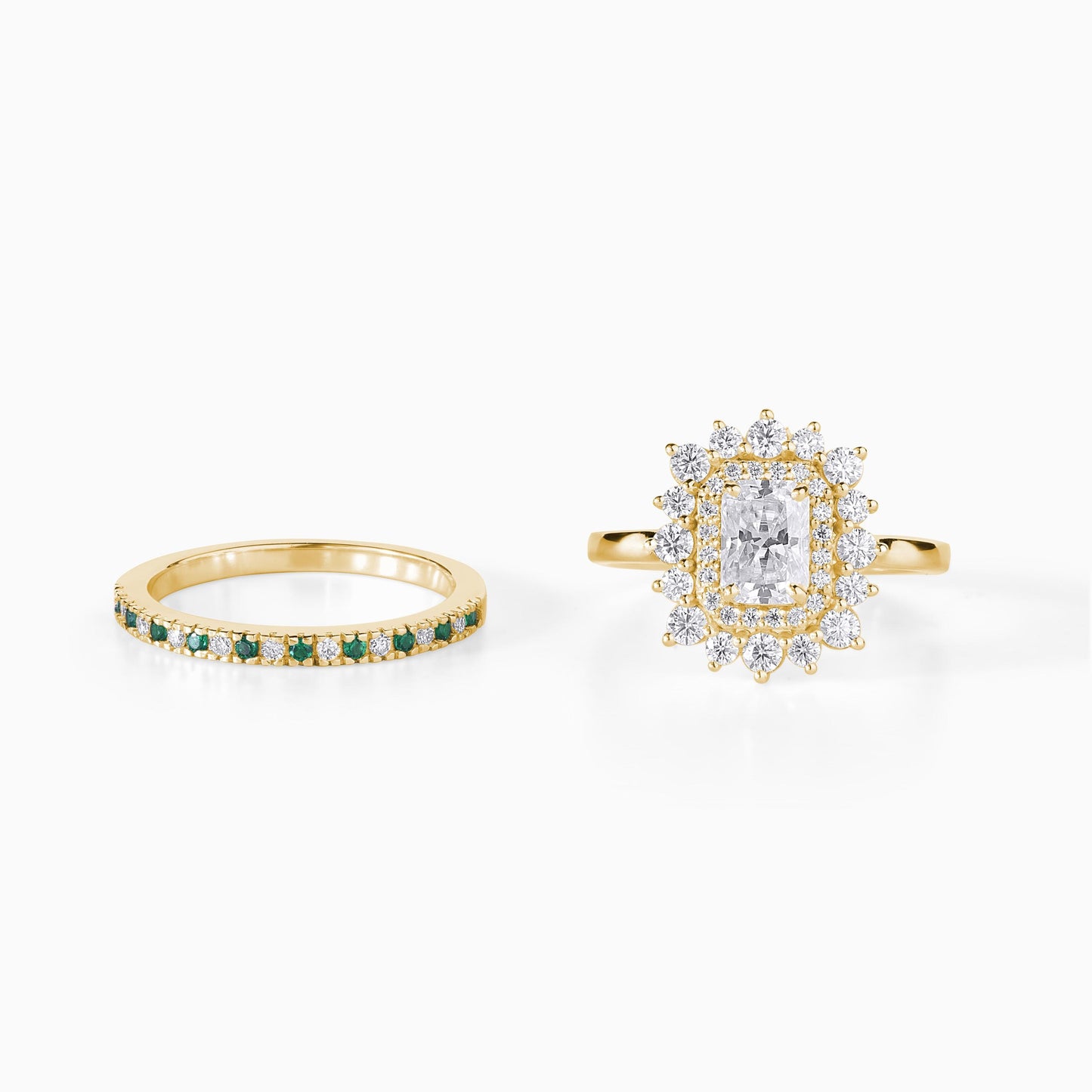 Moissanite emerald ring | Solid Gold halo design Ring Set | Double halo bridal wedding band | Alternative diamond engagement ring