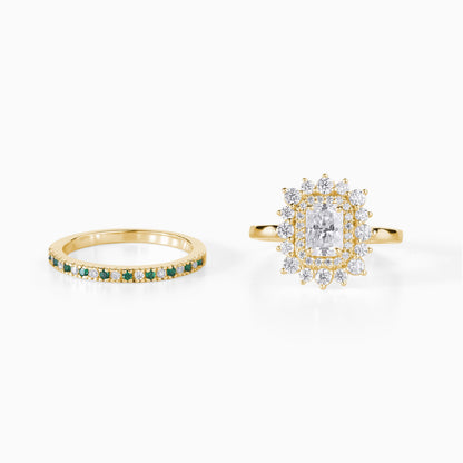 Moissanite emerald ring | Solid Gold halo design Ring Set | Double halo bridal wedding band | Alternative diamond engagement ring
