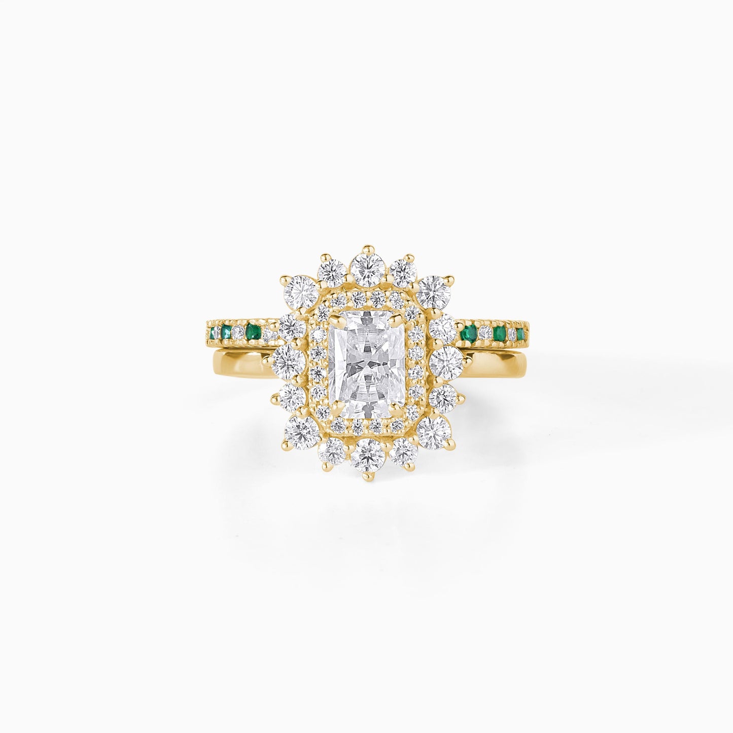 Moissanite emerald ring | Solid Gold halo design Ring Set | Double halo bridal wedding band | Alternative diamond engagement ring