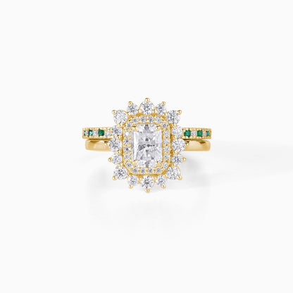 Moissanite emerald ring | Solid Gold halo design Ring Set | Double halo bridal wedding band | Alternative diamond engagement ring