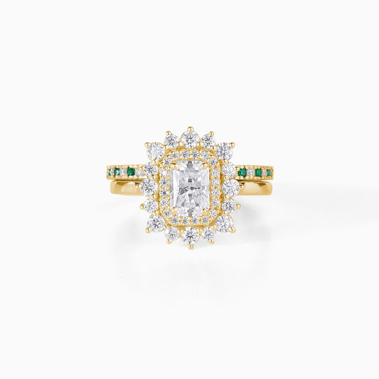 Moissanite emerald ring | Solid Gold halo design Ring Set | Double halo bridal wedding band | Alternative diamond engagement ring