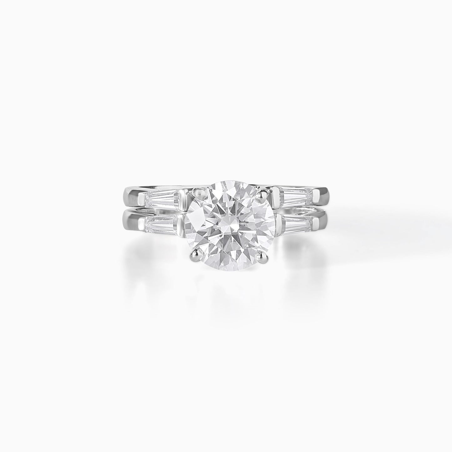 Round Brilliant Solitaire Moissanite Ring Set with Baguette Accents in 925 Sterling Silver, Elegant Bridal Engagement & Wedding Band Duo