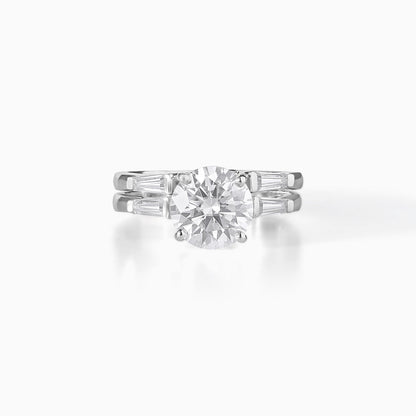 Round Brilliant Solitaire Moissanite Ring Set with Baguette Accents in 925 Sterling Silver, Elegant Bridal Engagement & Wedding Band Duo