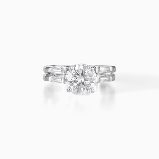 Round Brilliant Solitaire Moissanite Ring Set with Baguette Accents in 925 Sterling Silver, Elegant Bridal Engagement & Wedding Band Duo