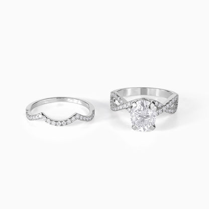 Elegant Oval Cut Diamond Engagement Ring Set with Curved Wedding Band, Silver Bridal Set, Minimalist Promise Ring for Women Gift Idea Set