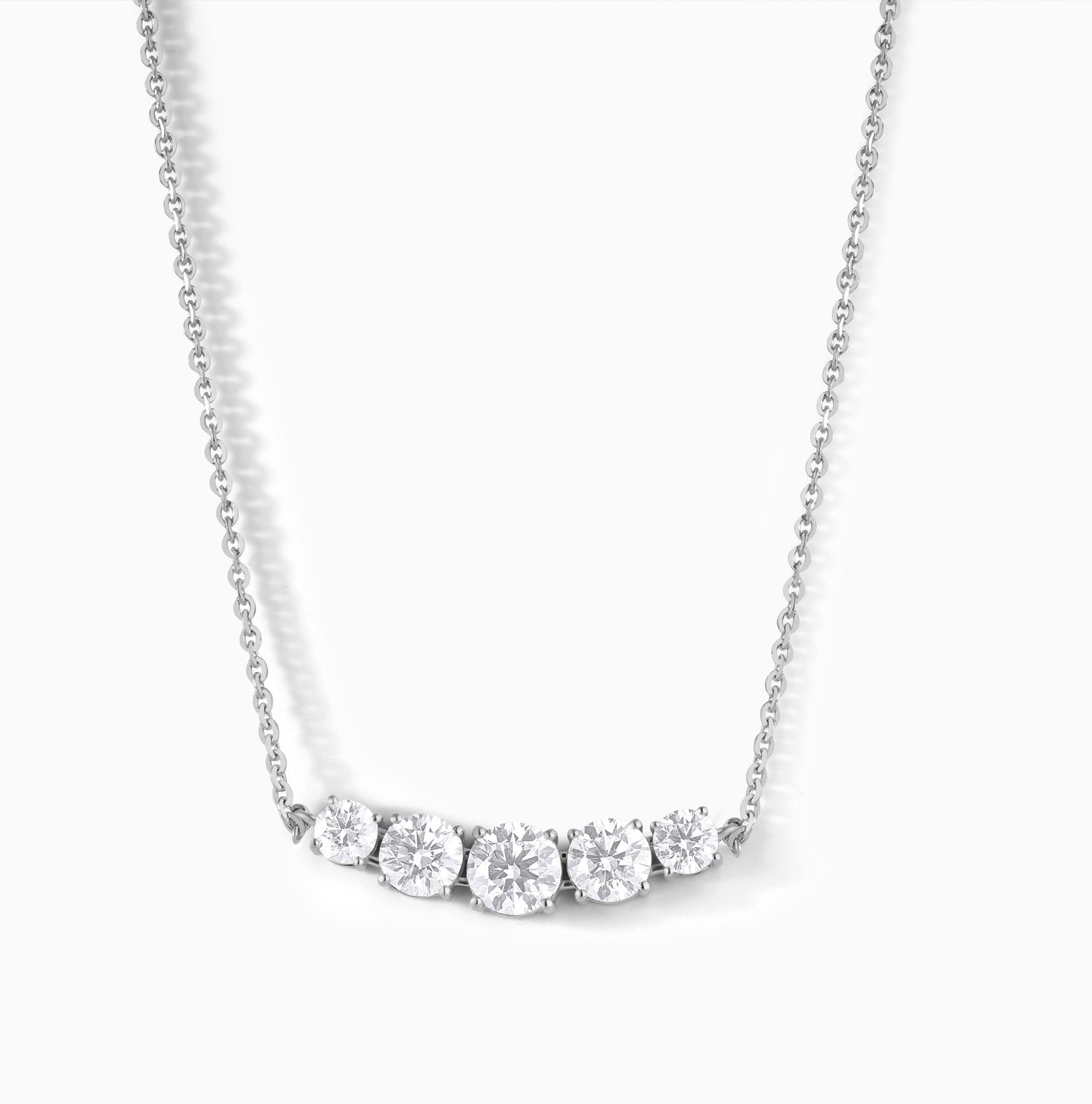 Sterling Silver Curved Bar Moissanite Necklace – Graduated Diamond Alternative Bridal Pendant