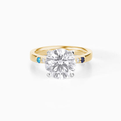 Round Cut Moissanite Engagement Ring in Yellow Gold | Minimalist Solitaire with Blue Sapphire Accents | Dainty Unique Wedding Ring for Her