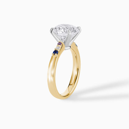 Round Cut Moissanite Engagement Ring in Yellow Gold | Minimalist Solitaire with Blue Sapphire Accents | Dainty Unique Wedding Ring for Her