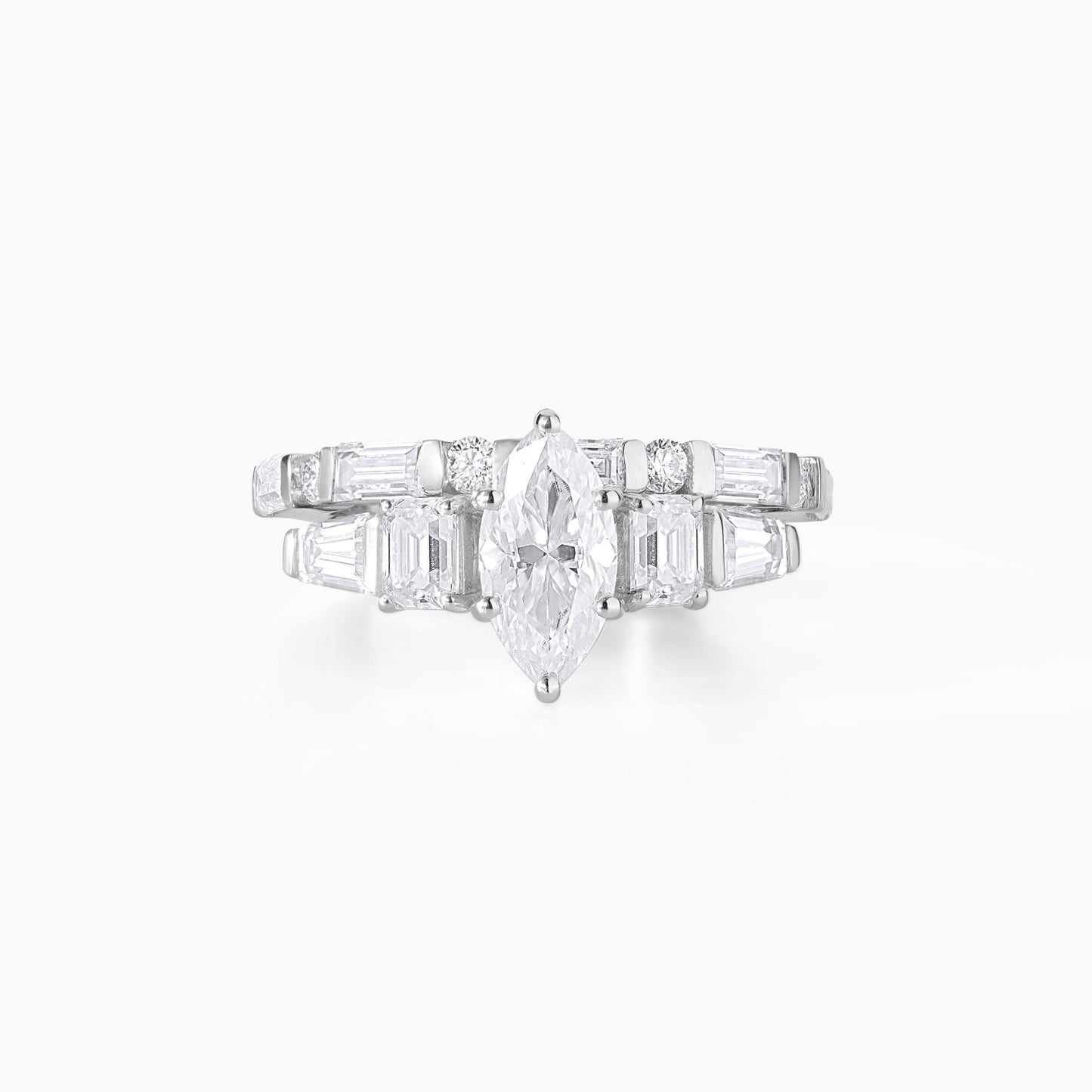 Marquise Moissanite Engagement Ring Set, Sterling Silver Bridal Band, Diamond Alternative Baguette Accents