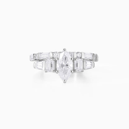 Marquise Moissanite Engagement Ring Set, Sterling Silver Bridal Band, Diamond Alternative Baguette Accents