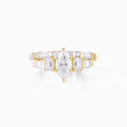 Marquise Moissanite Engagement Ring Set, Sterling Silver Bridal Band, Diamond Alternative Baguette Accents
