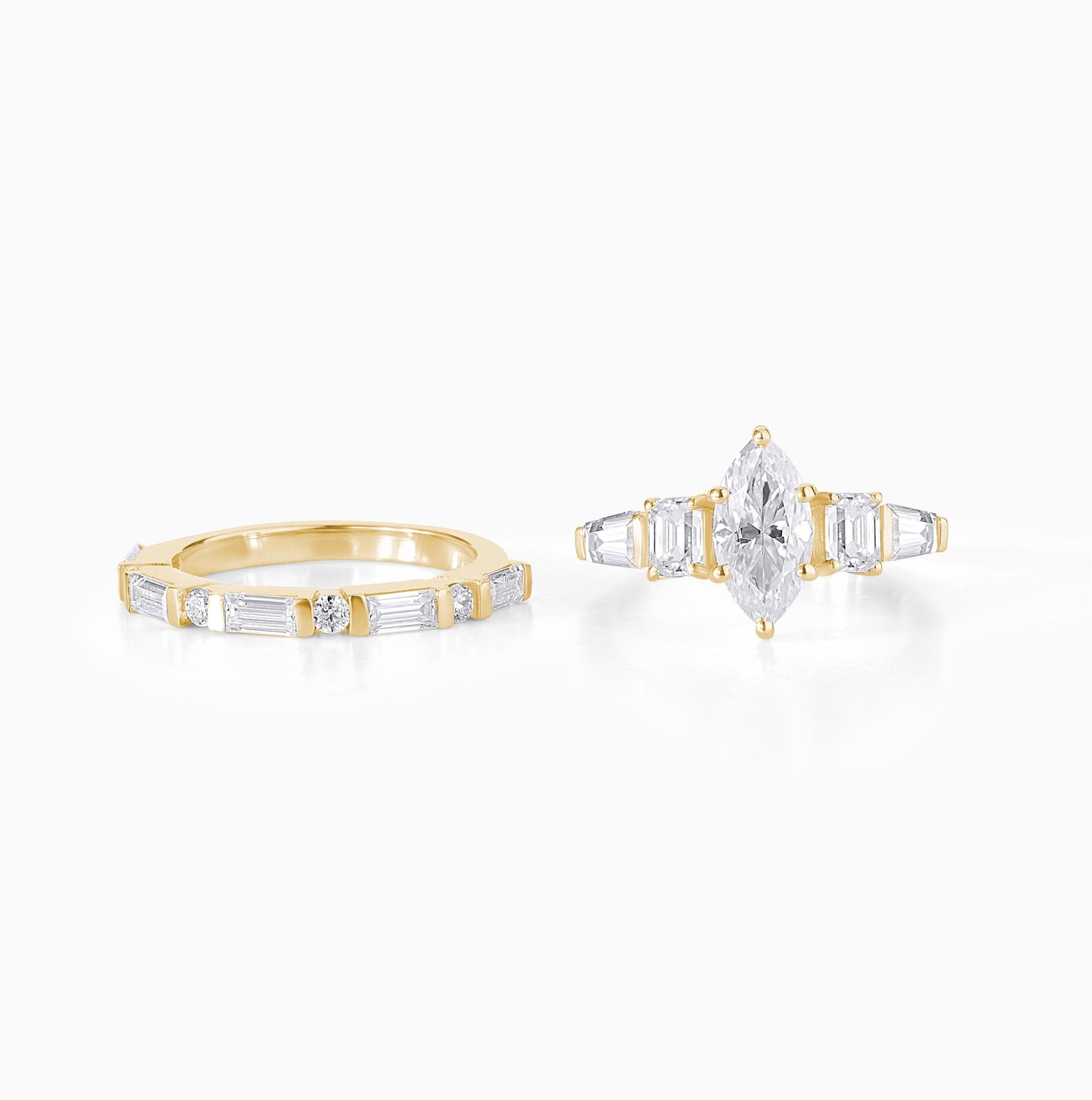 Marquise Moissanite Engagement Ring Set, Sterling Silver Bridal Band, Diamond Alternative Baguette Accents