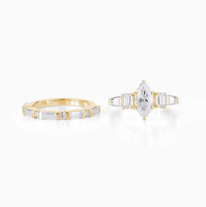 Marquise Moissanite Engagement Ring Set, Sterling Silver Bridal Band, Diamond Alternative Baguette Accents