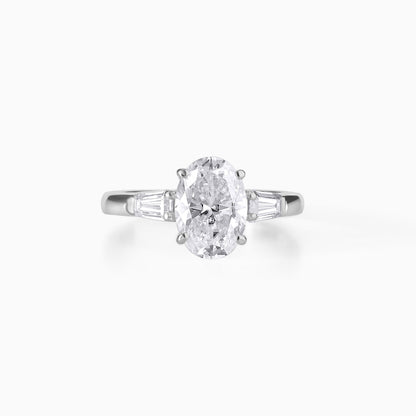 Oval Moissanite Engagement Ring, Sterling Silver Tapered Baguette Bridal Jewelry