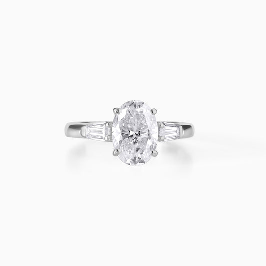 Oval Moissanite Engagement Ring, Sterling Silver Tapered Baguette Bridal Jewelry