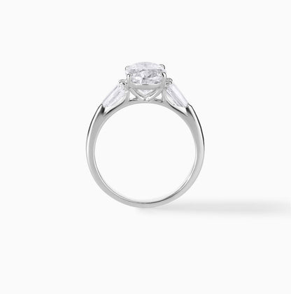 Oval Moissanite Engagement Ring, Sterling Silver Tapered Baguette Bridal Jewelry