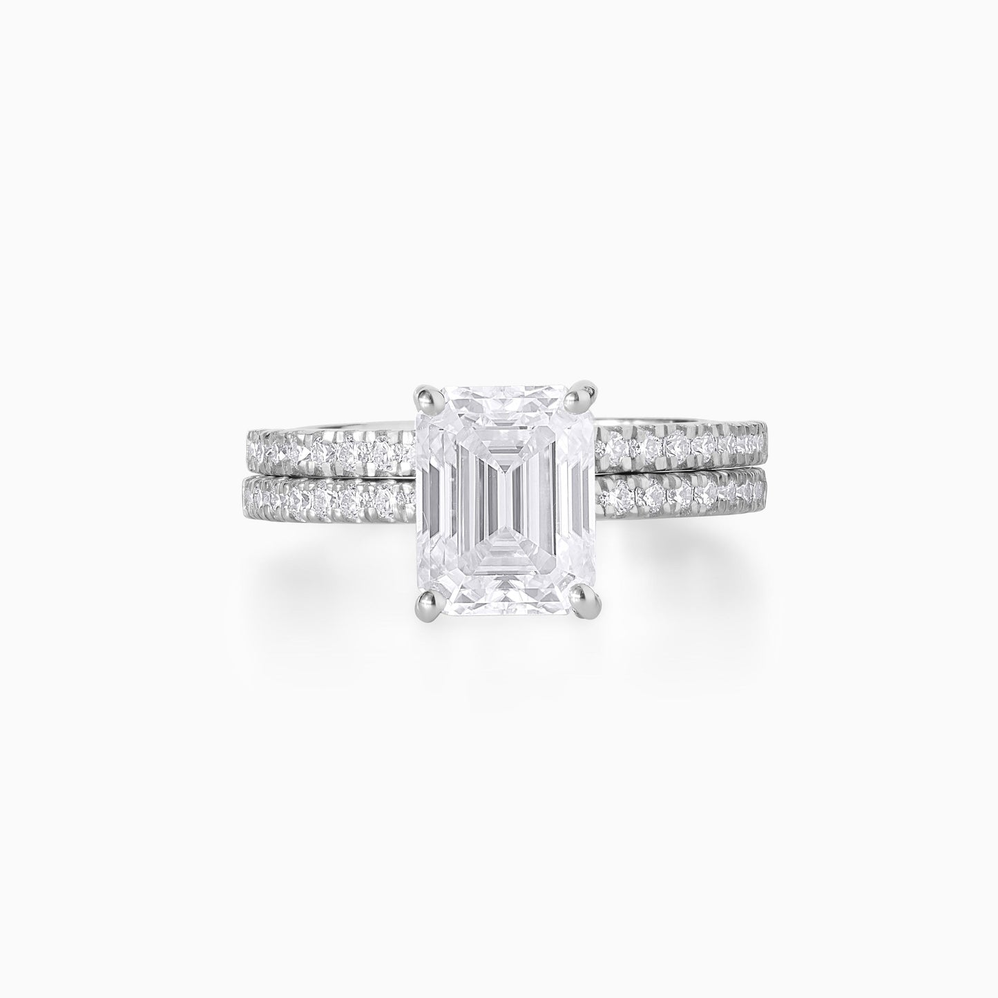 Emerald Cut Moissanite Engagement Ring Set in Silver | Hidden Halo Double Band Bridal Set | Modern Minimalist Wedding Ring Set for Her