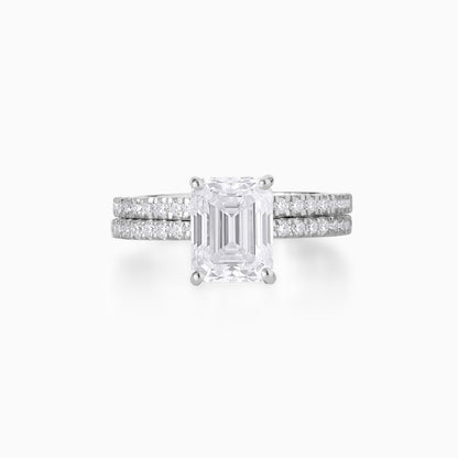 Emerald Cut Moissanite Engagement Ring Set in Silver | Hidden Halo Double Band Bridal Set | Modern Minimalist Wedding Ring Set for Her