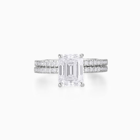 Emerald Cut Moissanite Engagement Ring Set in Silver | Hidden Halo Double Band Bridal Set | Modern Minimalist Wedding Ring Set for Her