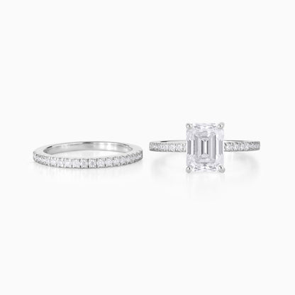 Emerald Cut Moissanite Engagement Ring Set in Silver | Hidden Halo Double Band Bridal Set | Modern Minimalist Wedding Ring Set for Her