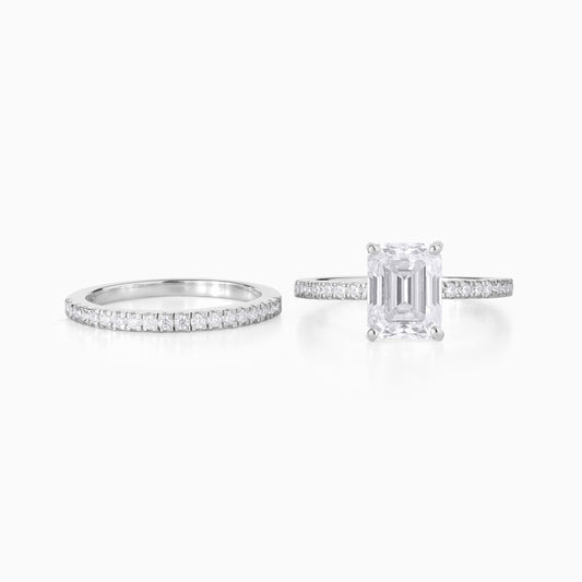 Emerald Cut Moissanite Engagement Ring Set in Silver | Hidden Halo Double Band Bridal Set | Modern Minimalist Wedding Ring Set for Her