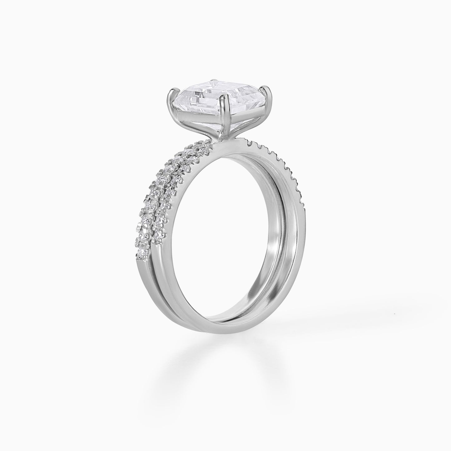 Emerald Cut Moissanite Engagement Ring Set in Silver | Hidden Halo Double Band Bridal Set | Modern Minimalist Wedding Ring Set for Her