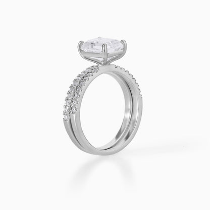 Emerald Cut Moissanite Engagement Ring Set in Silver | Hidden Halo Double Band Bridal Set | Modern Minimalist Wedding Ring Set for Her