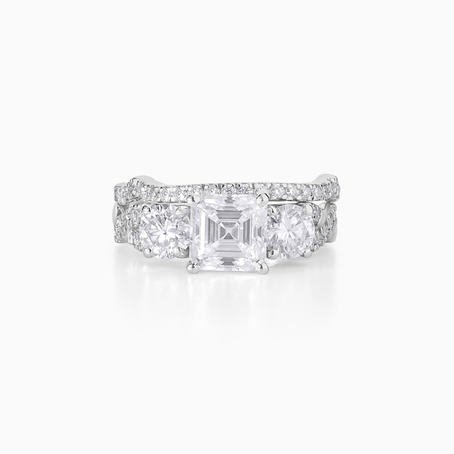 Asscher Cut Moissanite Engagement Ring Set in Silver | Three Stone Diamond Ring with Pave Band | Vintage Inspired Bridal Set for Her