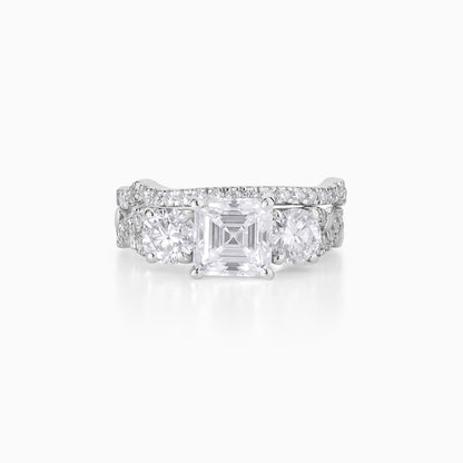 Asscher Cut Moissanite Engagement Ring Set in Silver | Three Stone Diamond Ring with Pave Band | Vintage Inspired Bridal Set for Her