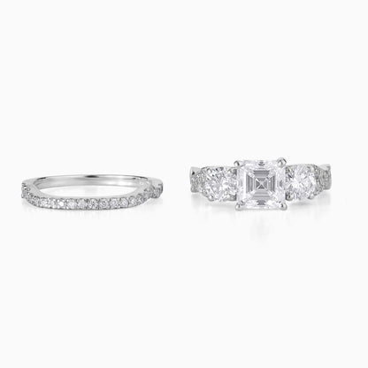 Asscher Cut Moissanite Engagement Ring Set in Silver | Three Stone Diamond Ring with Pave Band | Vintage Inspired Bridal Set for Her
