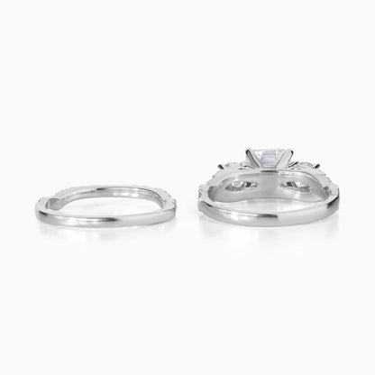 Asscher Cut Moissanite Engagement Ring Set in Silver | Three Stone Diamond Ring with Pave Band | Vintage Inspired Bridal Set for Her