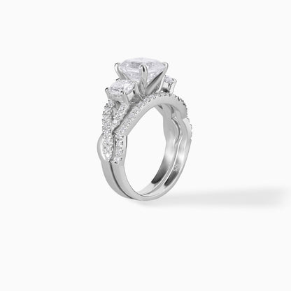 Asscher Cut Moissanite Engagement Ring Set in Silver | Three Stone Diamond Ring with Pave Band | Vintage Inspired Bridal Set for Her