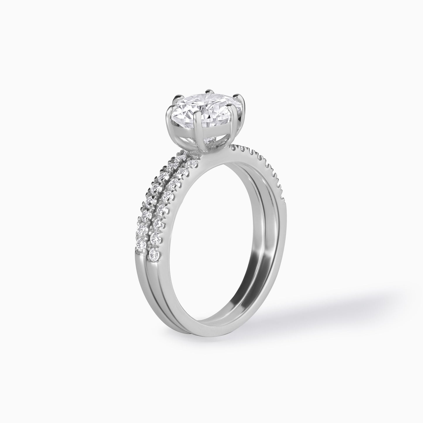 Moissanite Engagement Ring Sterling Silver Stone Round Cut Center Two Carat Diamond Alternative Ethical Option Six Prong Setting Pavé Bridal