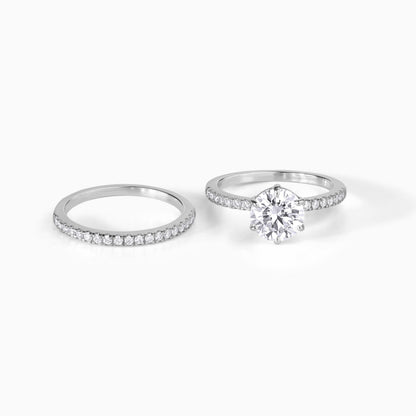 Moissanite Engagement Ring Sterling Silver Stone Round Cut Center Two Carat Diamond Alternative Ethical Option Six Prong Setting Pavé Bridal
