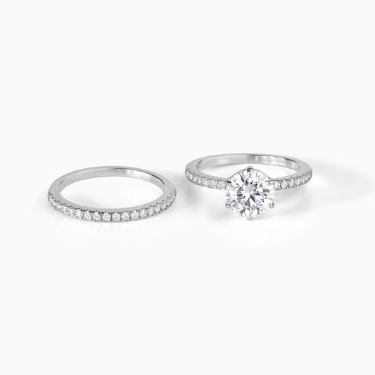 Moissanite Engagement Ring Sterling Silver Stone Round Cut Center Two Carat Diamond Alternative Ethical Option Six Prong Setting Pavé Bridal