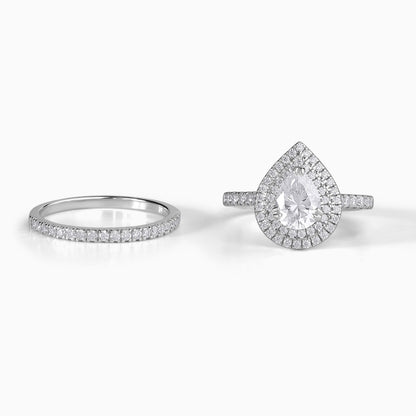 Pear Moissanite Ring Sterling Silver Engagement Band Wedding Set Bridal Jewelry Diamond Alternative Halo Design Elegant Gift Idea