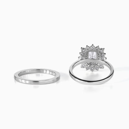 Moissanite Emerald Ring Sterling Silver Halo Design Double Bridal Set Wedding Band Alternative Diamond Engagement Green Stone Rectangular