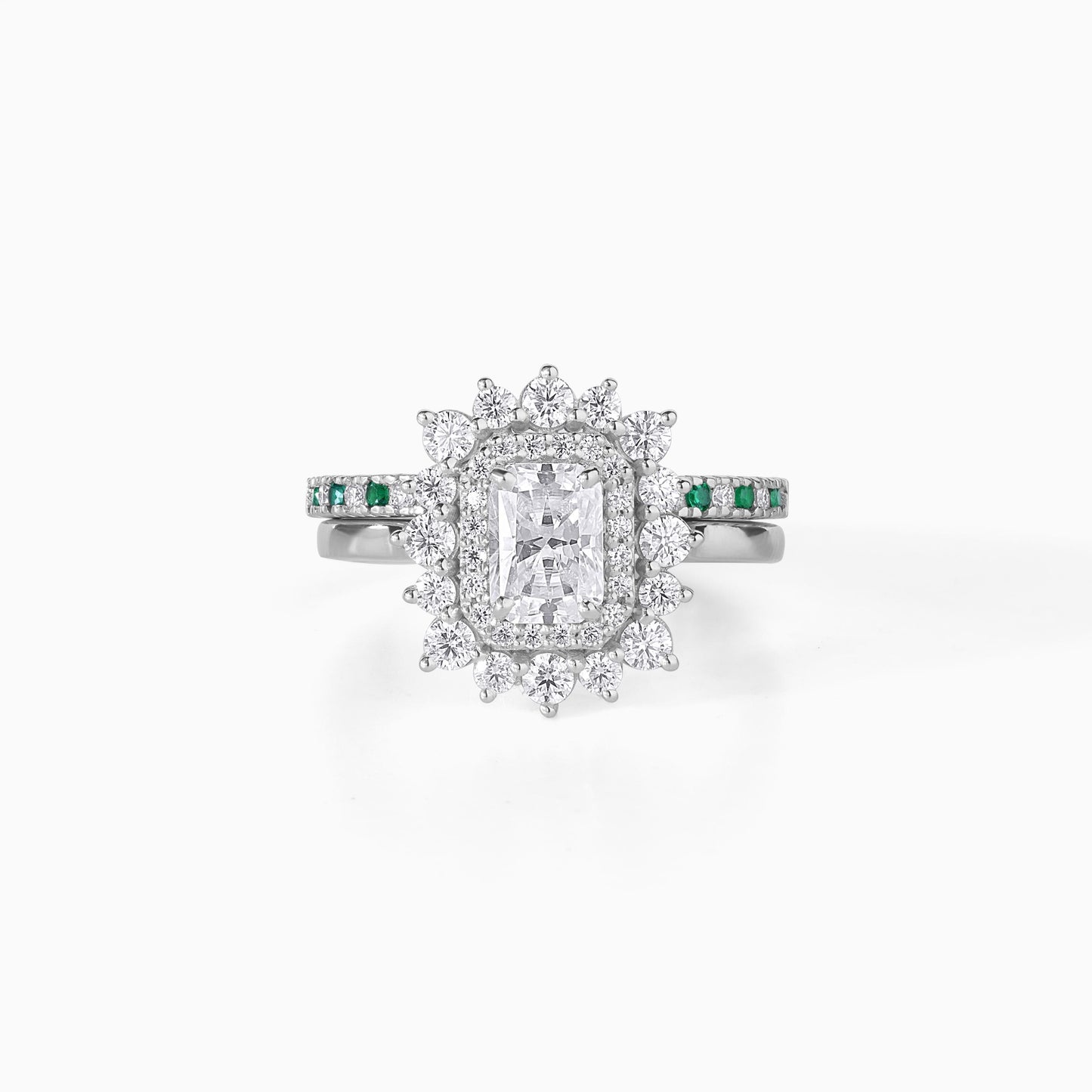 Moissanite Emerald Ring Sterling Silver Halo Design Double Bridal Set Wedding Band Alternative Diamond Engagement Green Stone Rectangular