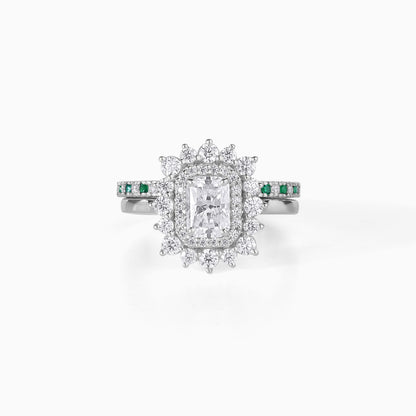 Moissanite Emerald Ring Sterling Silver Halo Design Double Bridal Set Wedding Band Alternative Diamond Engagement Green Stone Rectangular