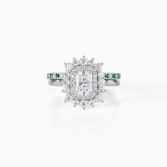 Moissanite Emerald Ring Sterling Silver Halo Design Double Bridal Set Wedding Band Alternative Diamond Engagement Green Stone Rectangular