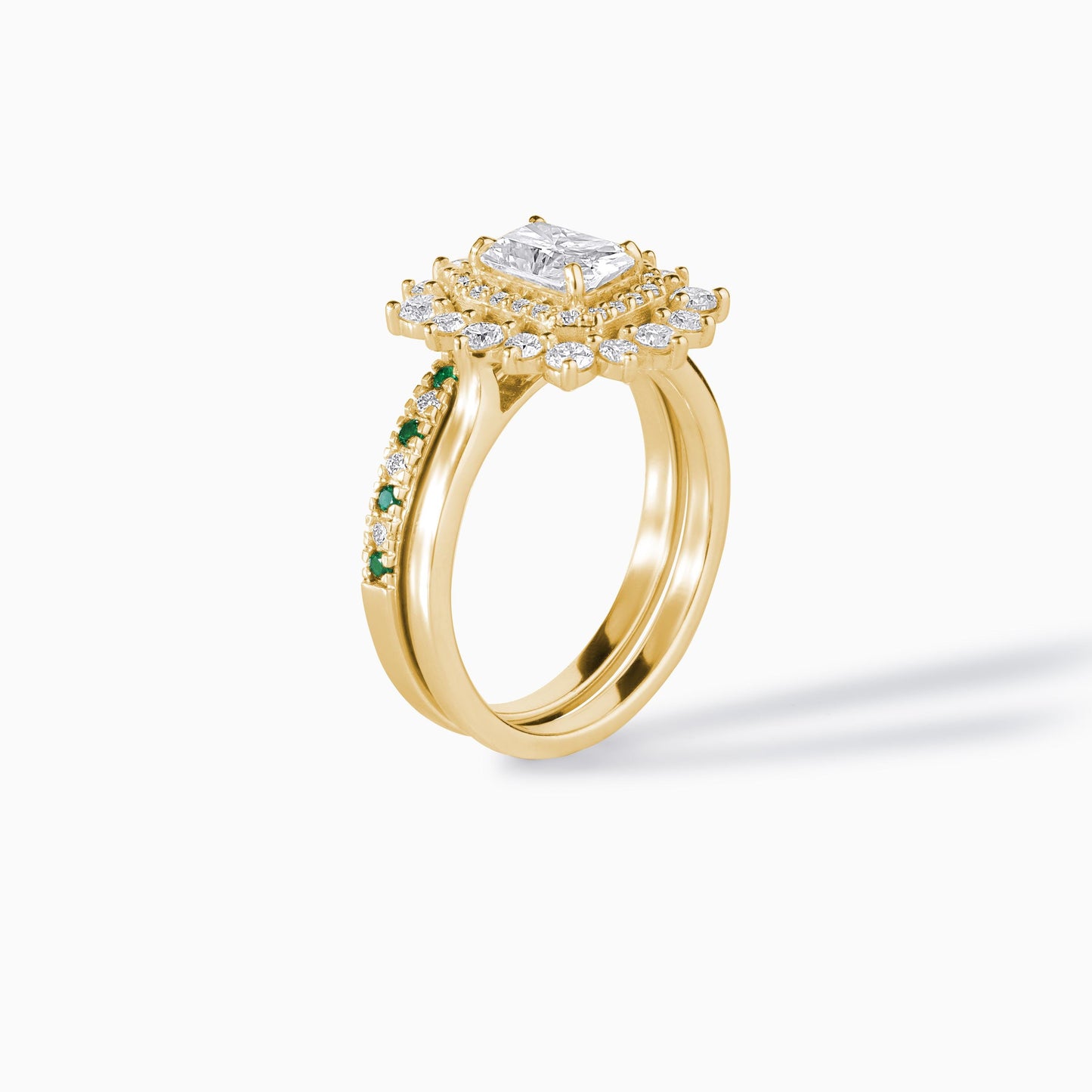 Moissanite emerald ring | Solid Gold halo design Ring Set | Double halo bridal wedding band | Alternative diamond engagement ring